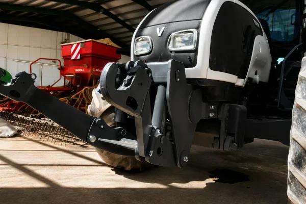 t3000_10 Primer plano de elevador delantero hidráulico instalado en tractor Valtra, con estructura reforzada y puntos de enganche para aperos y contrapesos frontales destinados a mejorar la estabilidad y la productividad agrícola.