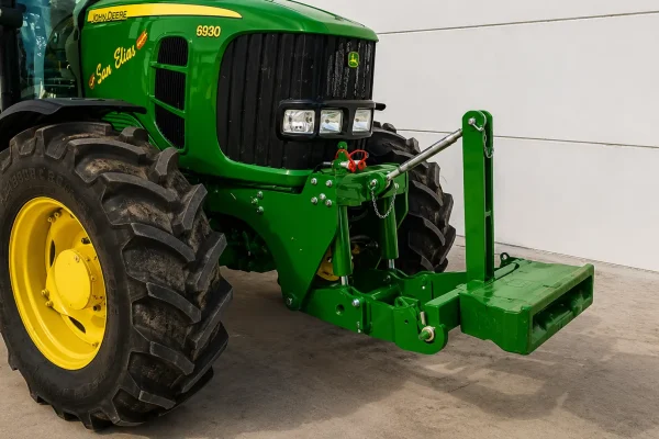 t3000_7 Elevador delantero con contrapeso frontal instalado en tractor John Deere 6930 para aumentar la tracción, el equilibrio y la eficiencia en el campo.